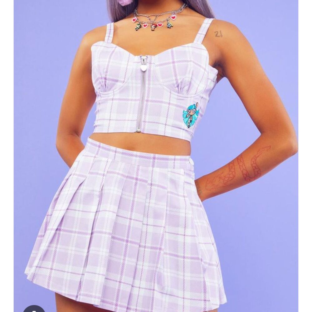 RARE Dolls kill powerpuff girls 2pc pastel purple plaid skirt corset crop set m